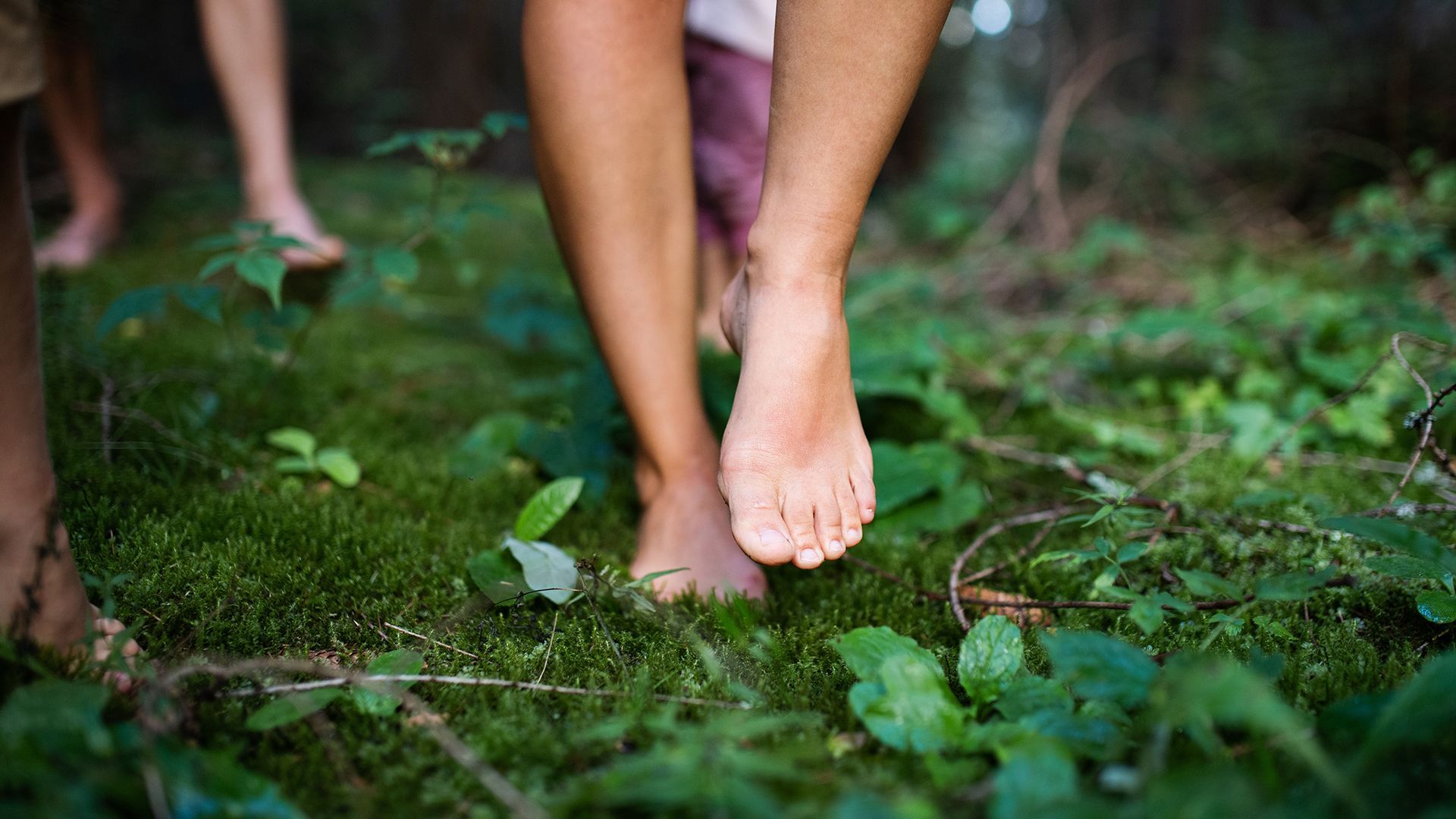 Nackte Füße auf Waldboden